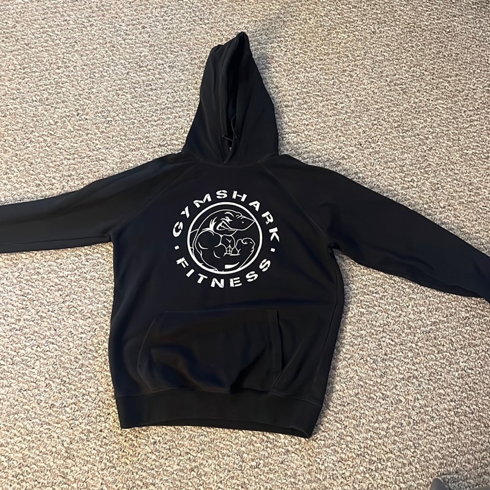 Gymshark Men’s black hoodie graphic shark logo size L